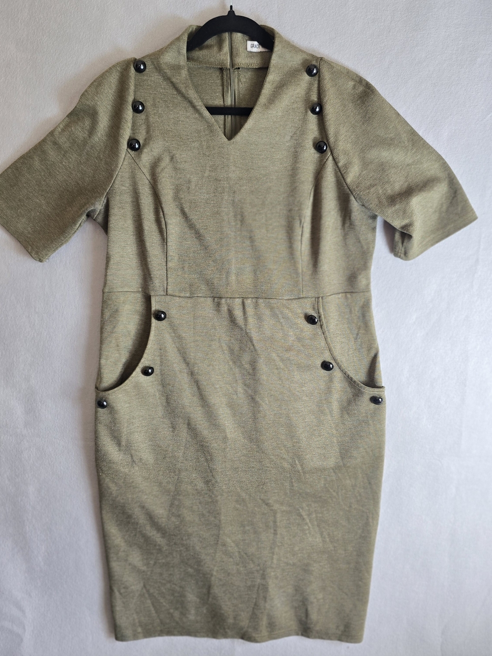Grace Karin XL Olive Sheath Dress with Button Accents Stylish Pocket Workwear